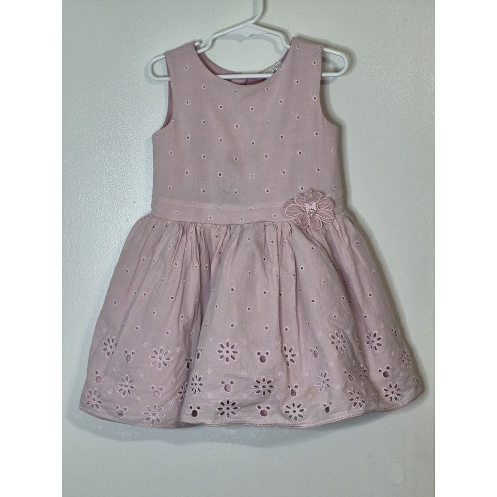 Disney Girls 4T Pink Eyelet Dress Mickey Mouse Hem Sleeveless Party Classic